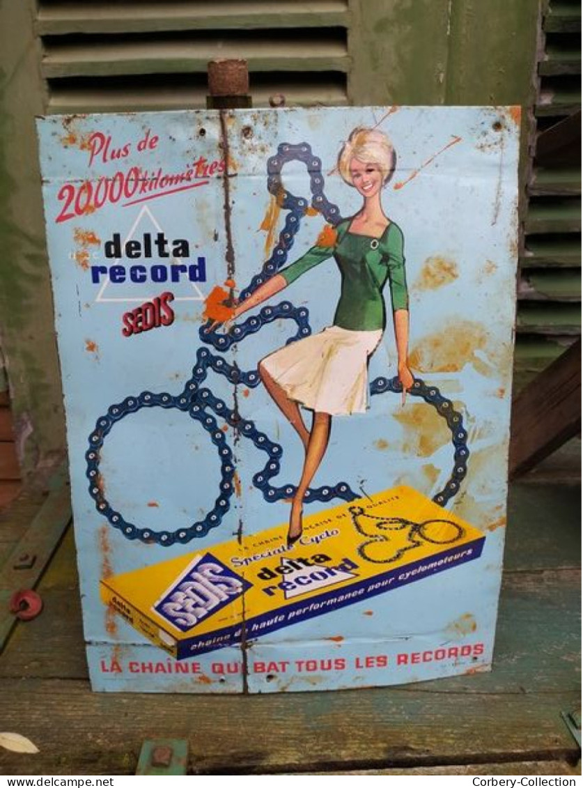 Rare Plaque Tole Publicitaire Sedis Delta Record Chaine De Vélo Bicyclette Cycles Années 60 - Moto & Vélo