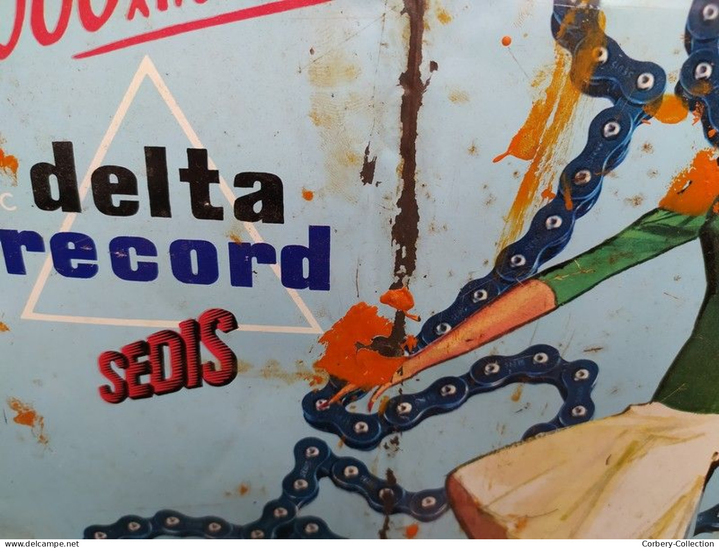 Rare Plaque Tole Publicitaire Sedis Delta Record Chaine De Vélo Bicyclette Cycles Années 60 - Tweewielers