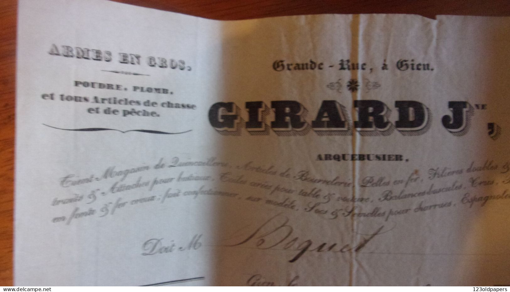18340 GIEN ARQUEBUSIER GIRARD J ARMES EN GROS POUDRE PLOMB CHASSE PECHE  GRANDE RUE GIEN LOIRET - 1800 – 1899