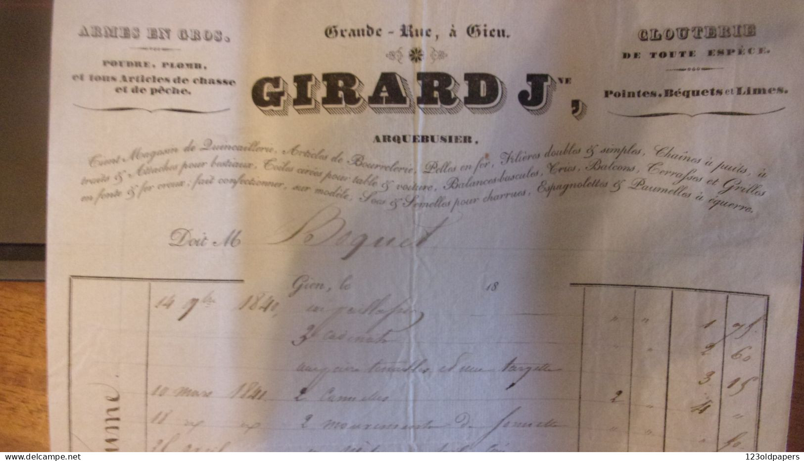 18340 GIEN ARQUEBUSIER GIRARD J ARMES EN GROS POUDRE PLOMB CHASSE PECHE  GRANDE RUE GIEN LOIRET - 1800 – 1899