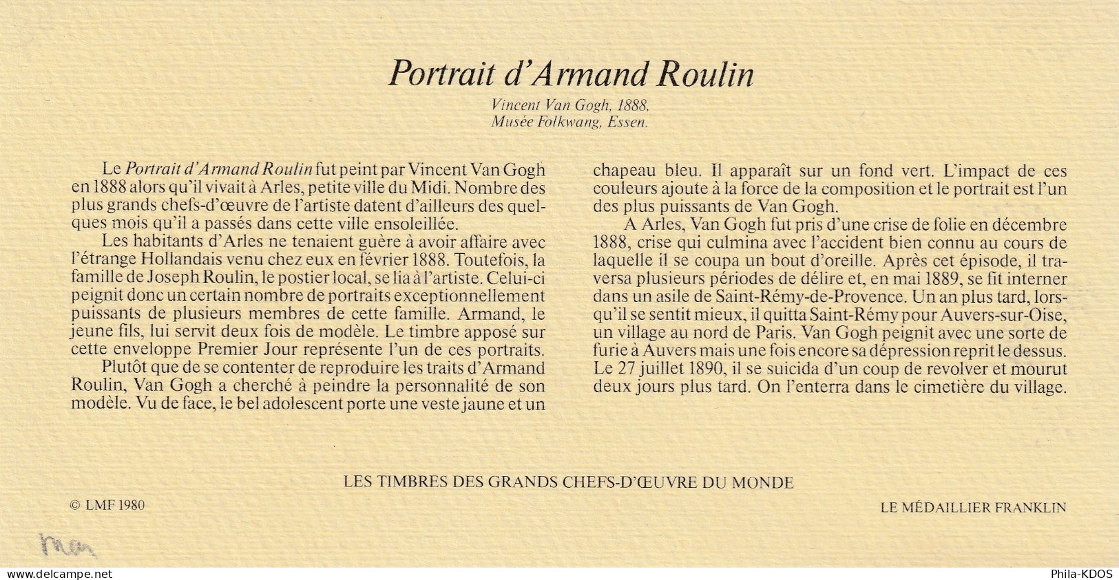 " PORTRAIT D'ARMAND ROULIN De VAN GOGH " Sur Enveloppe 1er Jour De ST TOME E PRINCIPE De 1978. FDC A SAISIR ! - Museums