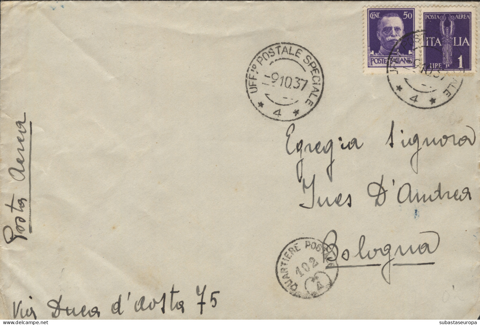 Carta Circulada Desde El Frente A Bolonia (Italia), El 9/10/37. Mat. "UFF POSTALE SPECIALE 4". - Bolli Di Censura Repubblicana