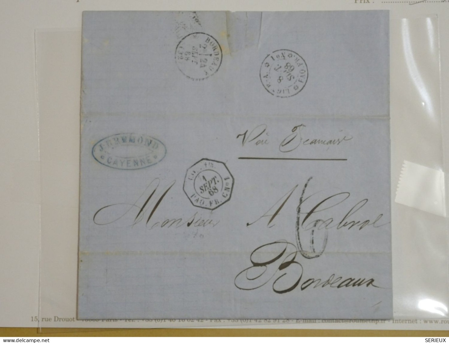 DC17 GUYANNE FRANCAISE BELLE LETTRE RARE  1868  PAQUEBOT FRANCAIS CAYENNE A  BORDEAU   FRANCE ++AFF. INTERESSANT++++ - Storia Postale