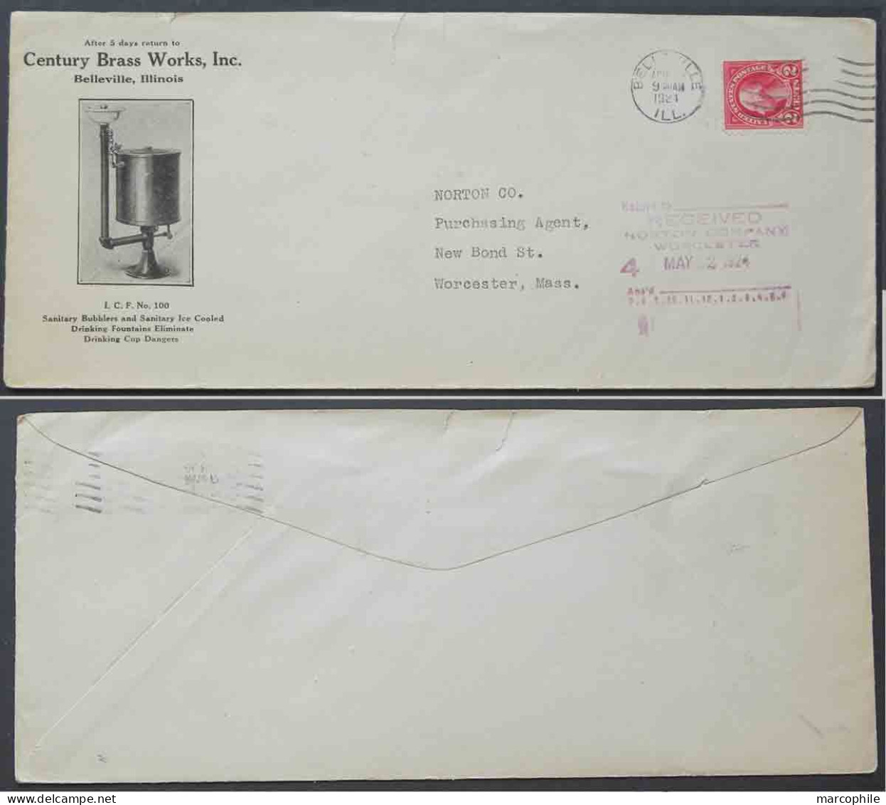 EAU - FONTAINE - LAITON / 1924 USA - BELLEVILLE ENVELOPPE COMMERCIALE ILLUSTREE (ref 4195) - Acqua