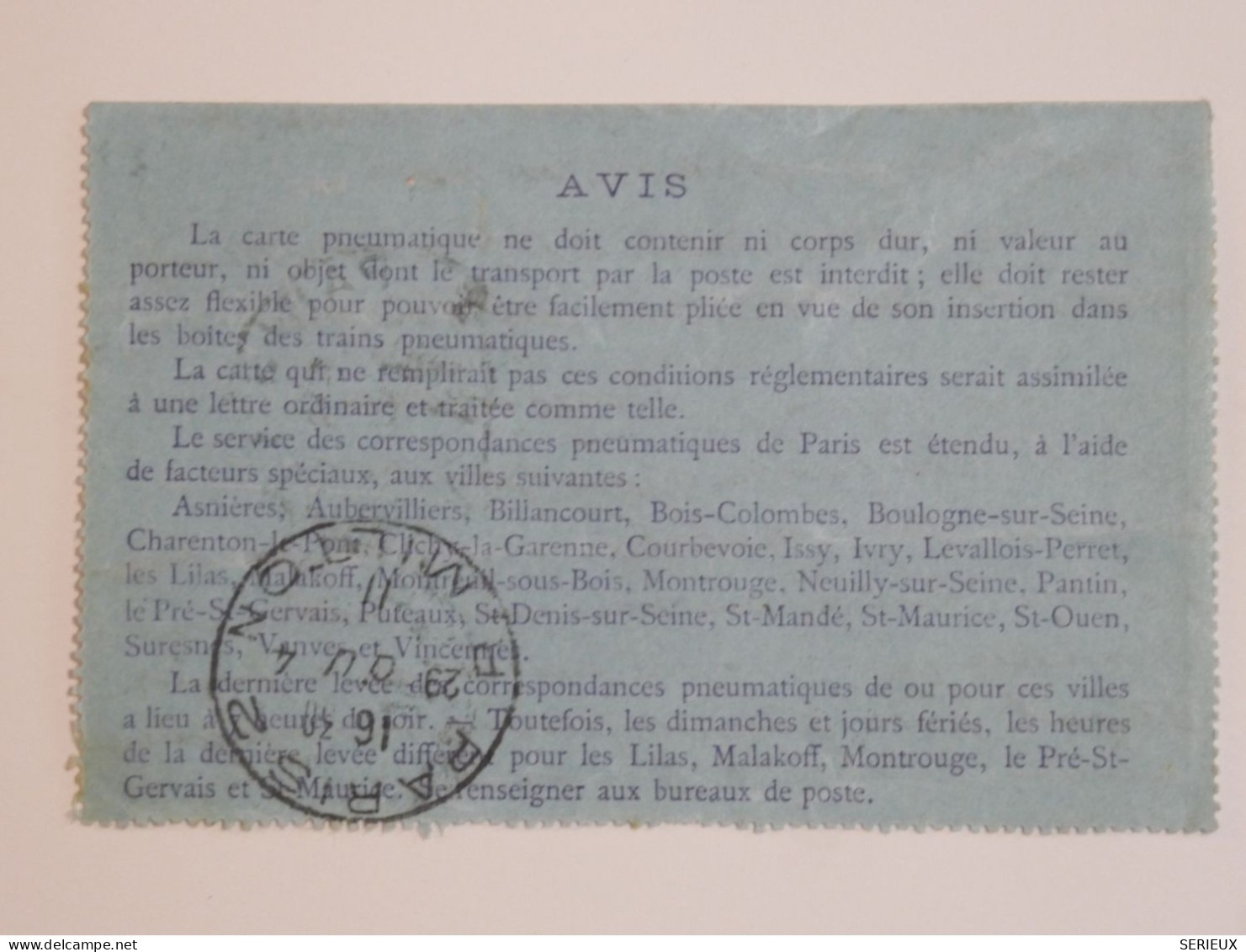 DC17  FRANCE CARTE  PNEUMATIQUE ENV. 1910  A PARIS++ AFF. INTERESSANT+++ - Neumáticos