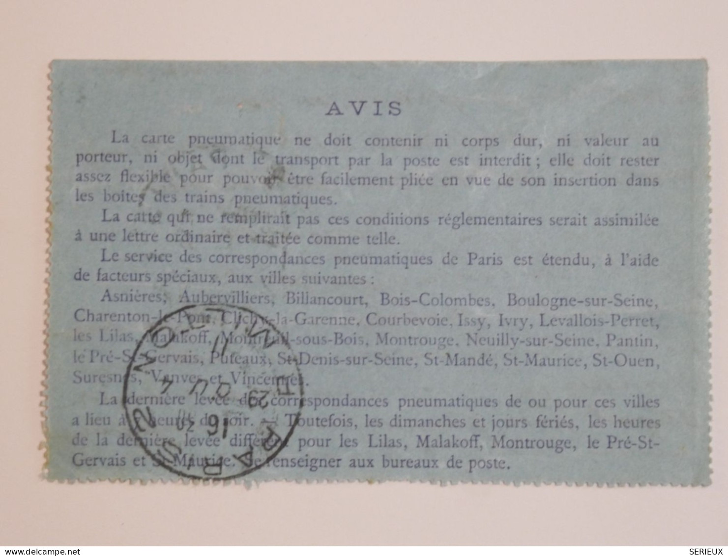 DC17  FRANCE CARTE  PNEUMATIQUE ENV. 1910  A PARIS++ AFF. INTERESSANT+++ - Pneumatic Post