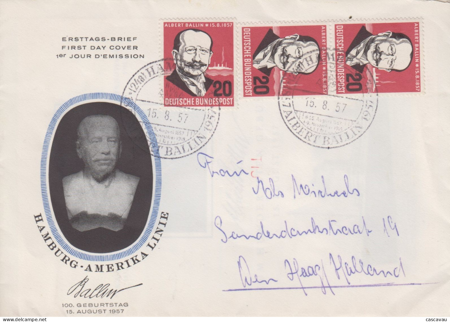 Enveloppe   FDC  1er  Jour    ALLEMAGNE    Albert   BALLIN    1957 - 1948-1960