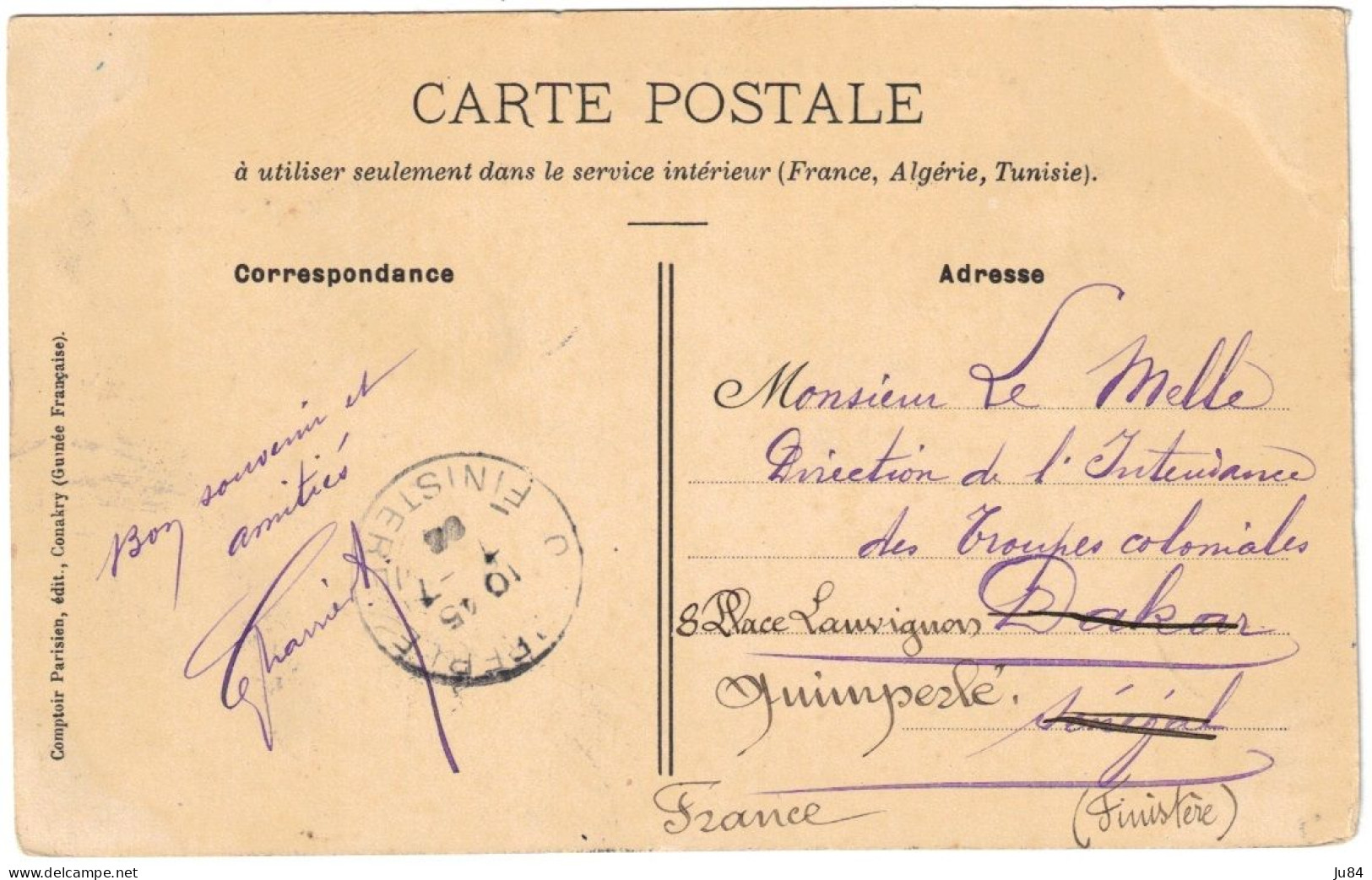 Guinée Française - Kokoulima - La Gare - Carte Postale Pour L'Intendance Des Troupes Coloniales - 1908 - Guinée Française