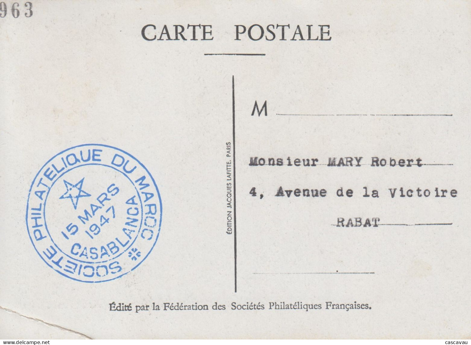 Carte   Locale  1er  Jour   MAROC   Journée   Du   Timbre   CASABLANCA    1947 - Autres & Non Classés