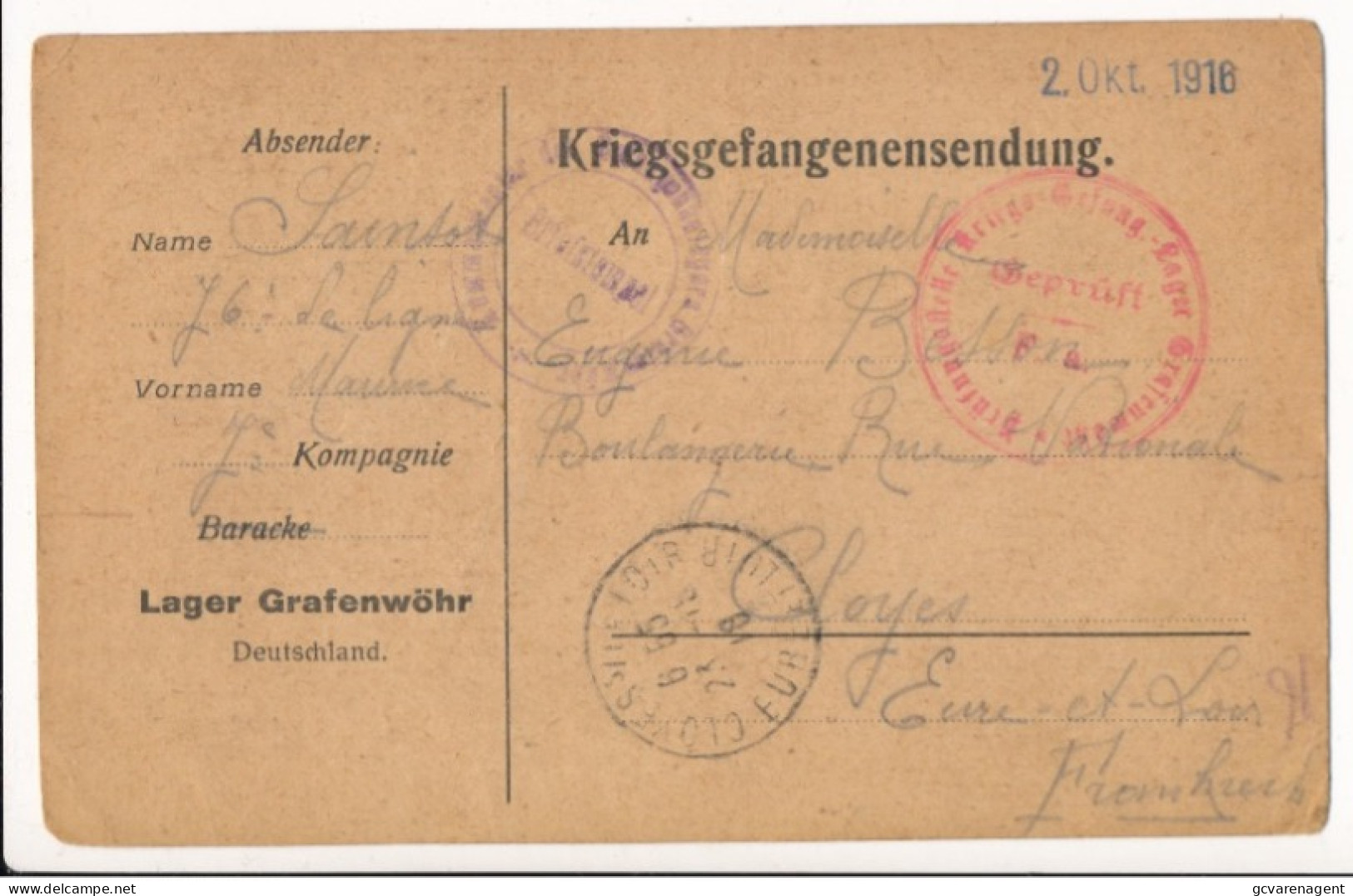 KRIEGSGEFANGENENSENDUNG 2 OKT 1916 - LAGER GRAFENWÖHR   TO EURE  FRANCE    == ZIE AFBEELDINGEN - Krijgsgevangenen