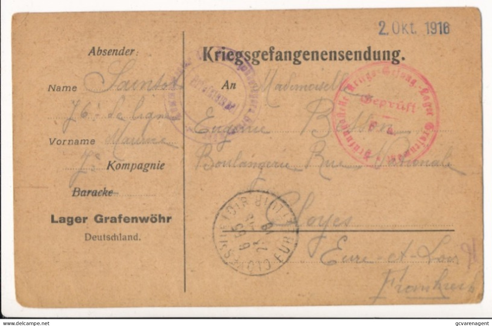 KRIEGSGEFANGENENSENDUNG 2 OKT 1916 - LAGER GRAFENWÖHR   TO EURE  FRANCE    == ZIE AFBEELDINGEN - Prisoners