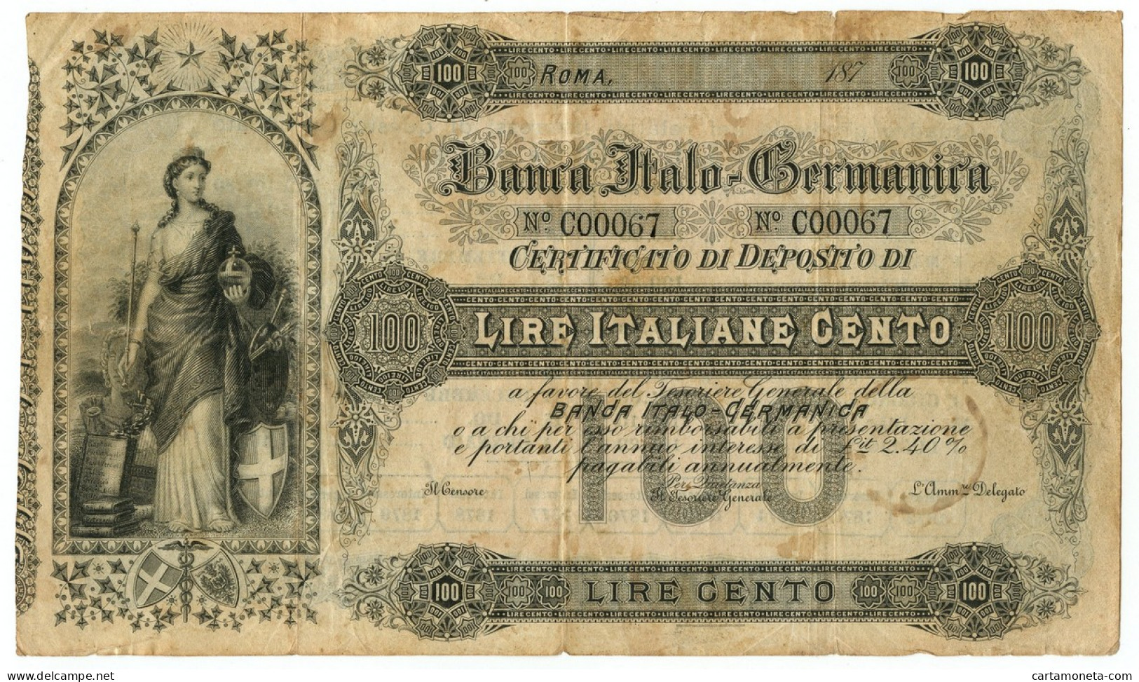 100 LIRE NON EMESSO BANCA ITALO-GERMANICA CERTIFICATO DI DEPOSITO 187_ BB- - Sonstige & Ohne Zuordnung