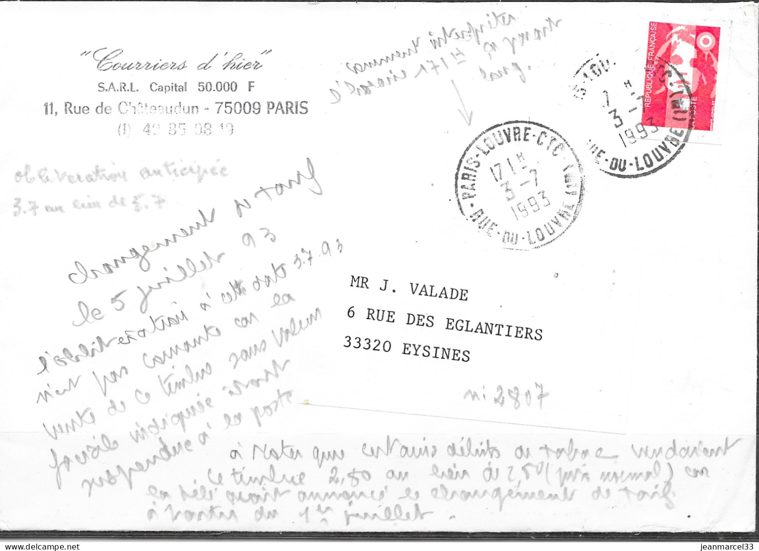 Oblitération Anticipée 3 Au Lieu Du 5 Juillet 1993 Du N° 2807 Changement De Tarif - Storia Postale