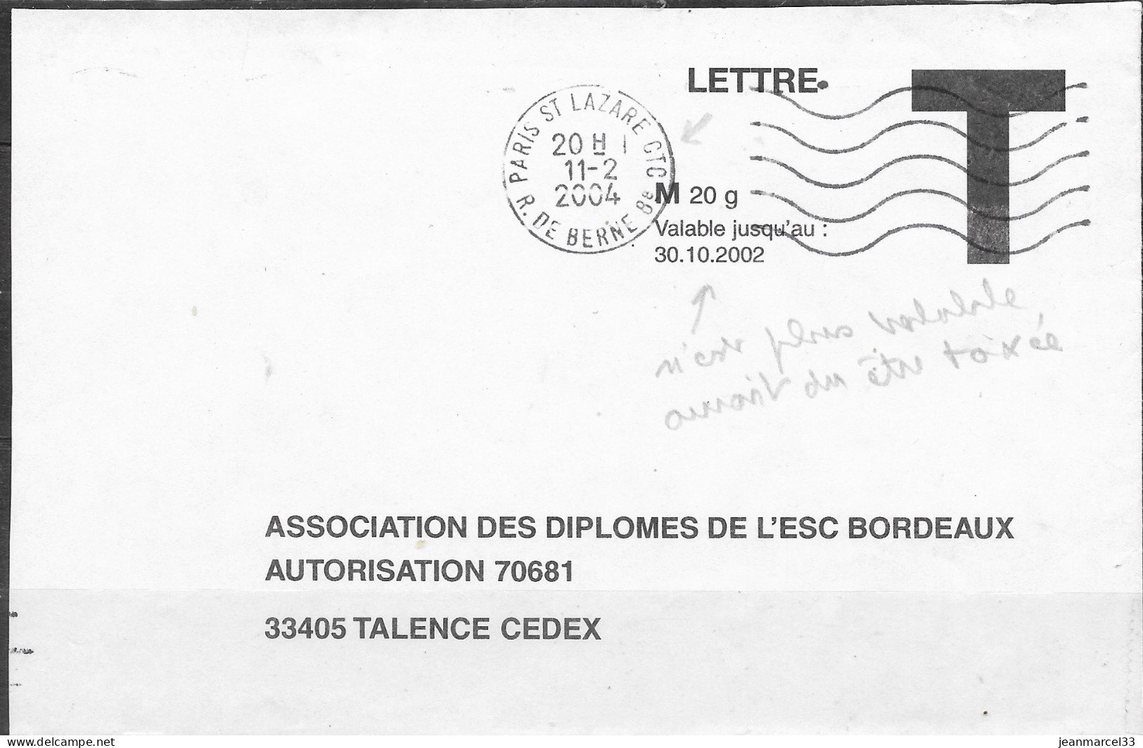 Lettre T Périmée Oblitérée Paris St Lazare CTC Le 11-2 2004 Aurait Dû être Taxée - Briefe U. Dokumente