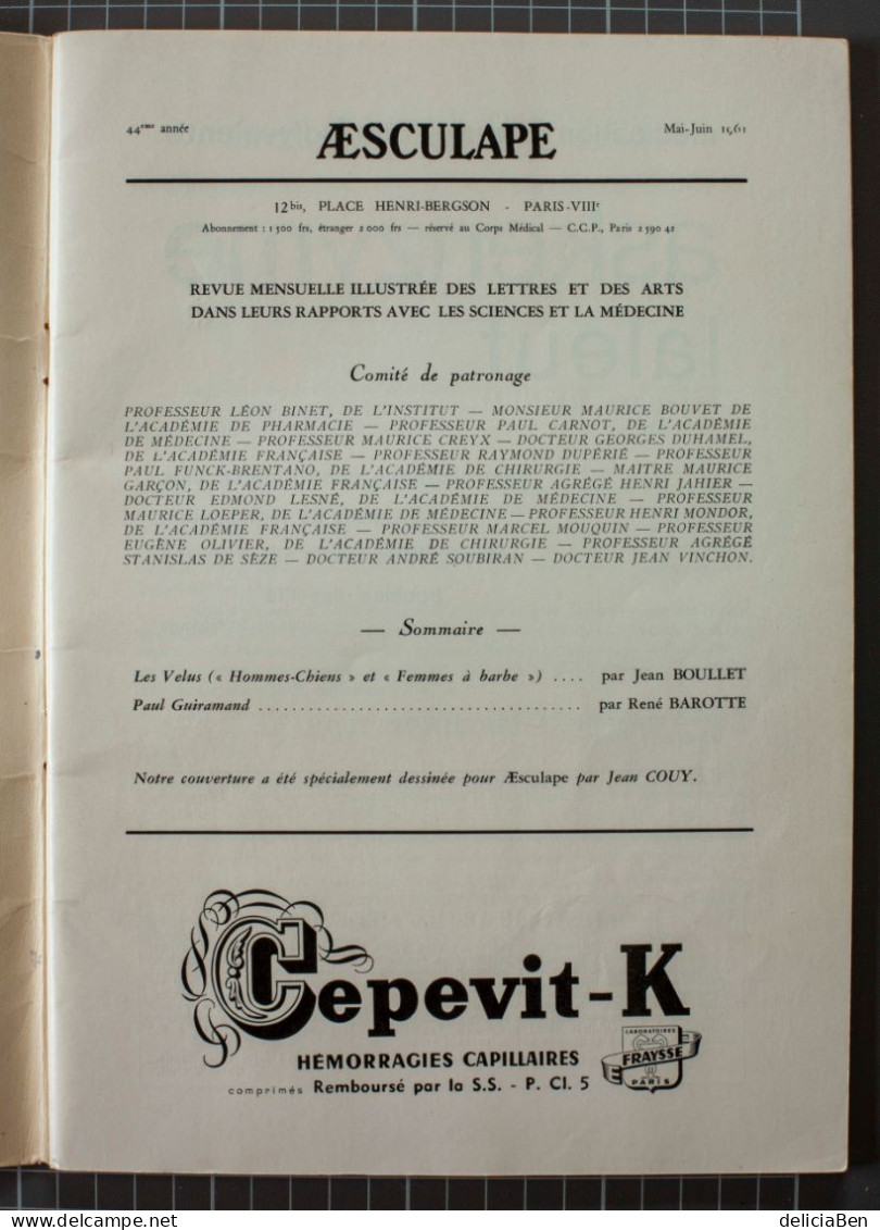 Æsculape, Revue Mensuelle Illustrée Mai-Juin 1961 : LES VELUS ( « HOMMES-CHIENS »et « FEMMES A BARBE » De Jean BOULLET - Medicina & Salute