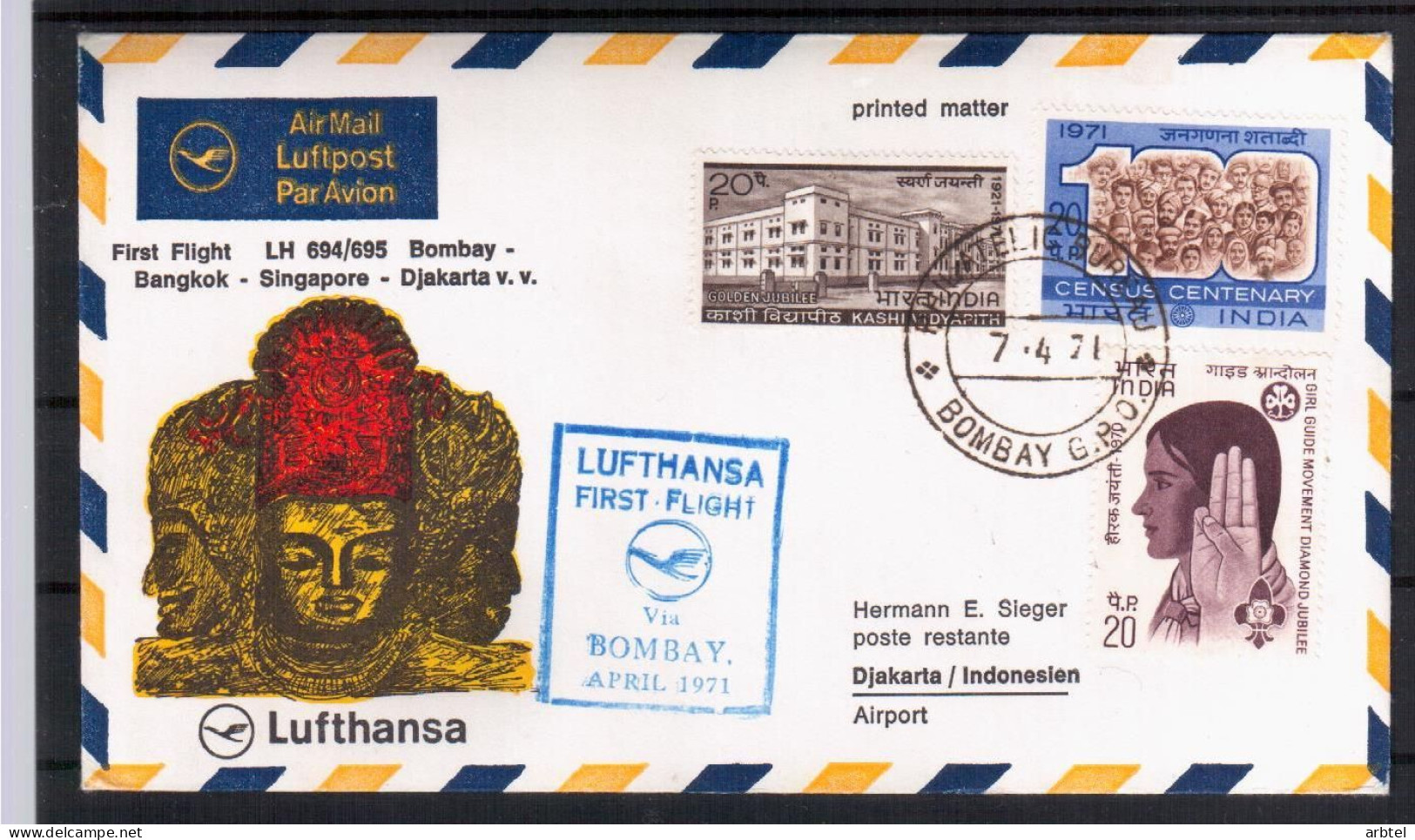 INDIA CC PRIMER VUELO LUFTHANSA 1971 BOMBAY BANGKOK SIGAPORE DJAKARTA - Corréo Aéreo