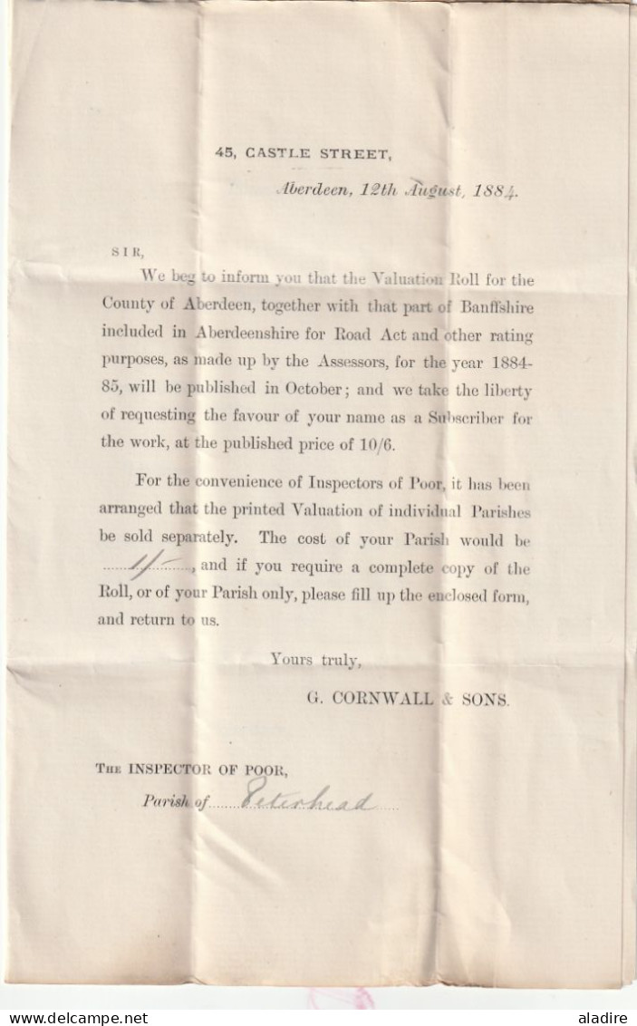 QV - 1884 - imprimé et feuillet de réponse de ABERDEEN, Ecosse vers PETERHEAD (to the Inspector of Poor) - 1/2 penny