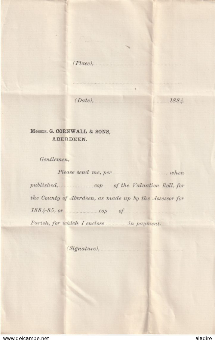 QV - 1884 - imprimé et feuillet de réponse de ABERDEEN, Ecosse vers PETERHEAD (to the Inspector of Poor) - 1/2 penny
