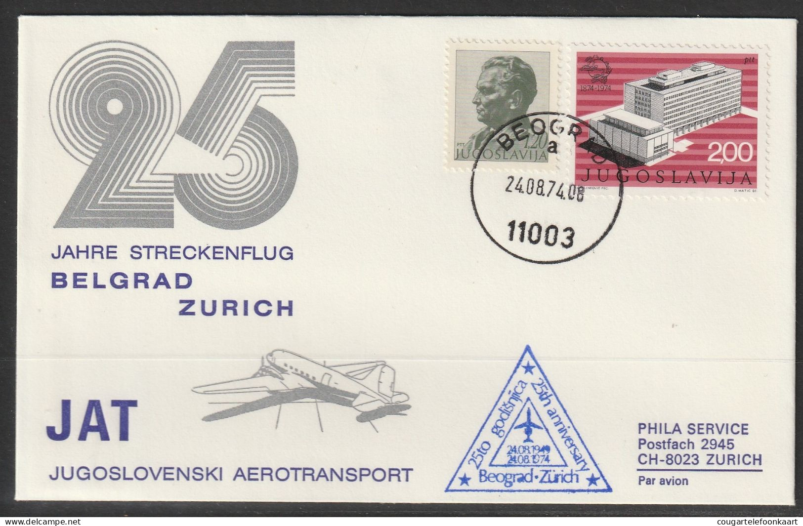1974, JAT, Sonderflug, Beograd-Zürich - Luftpost