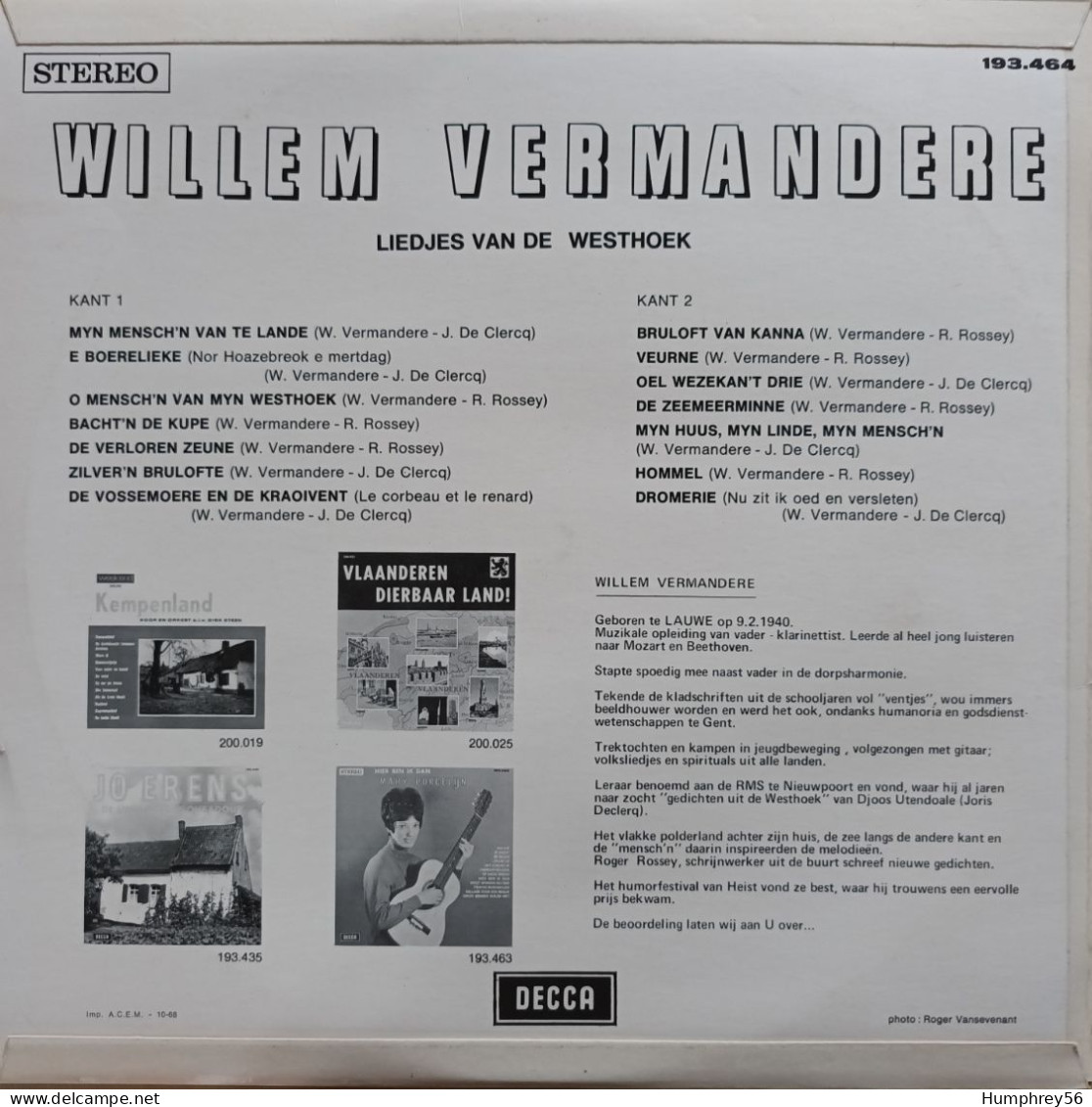 1969 - Willem VERMANDERE - Liedjes Van De Westhoek - Country Y Folk