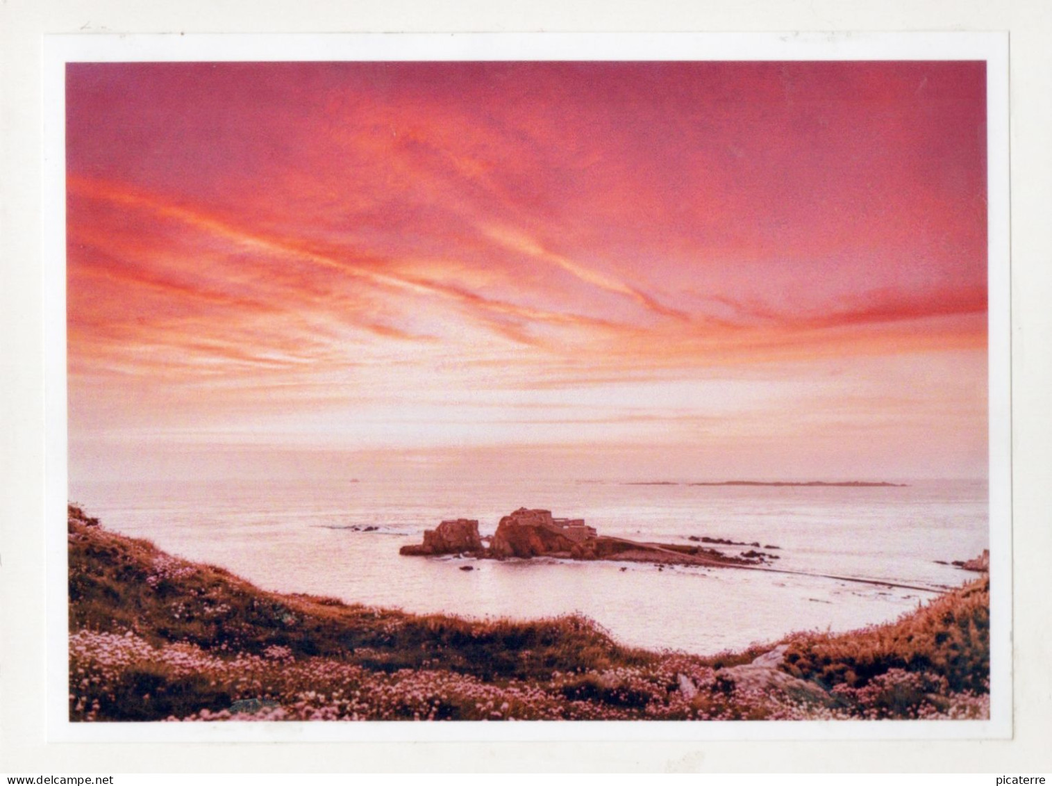 Postcard Size PHOTOGRAPH- Alderney- Red Sky Over Fort Clonque (Burhou Islet Visible Behind)- Ile Aurigny - Alderney