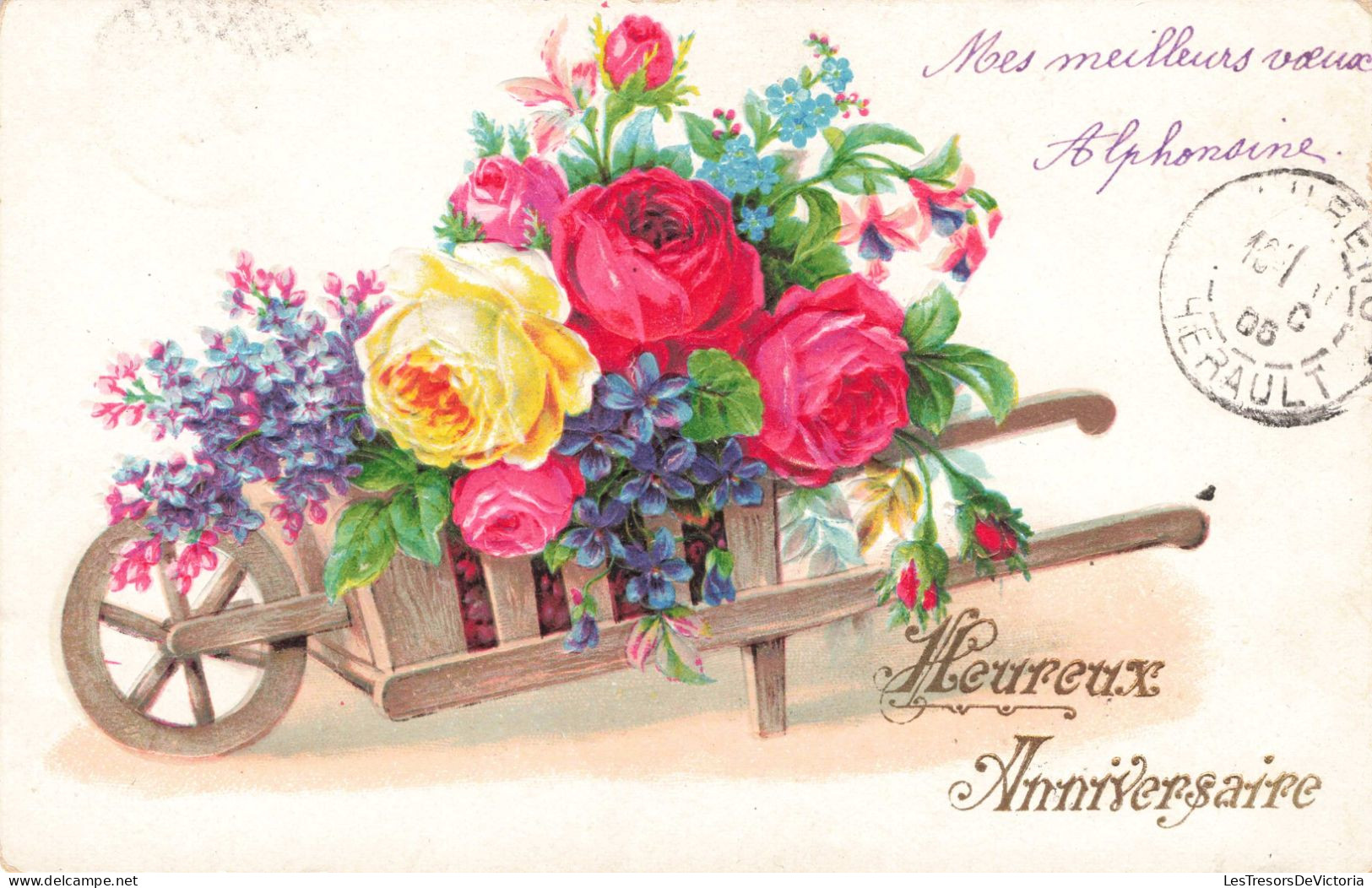 FETES ET VOEUX - Anniversaire - Un Char Plein De Fleurs - Colorisé - Carte Postale Ancienne - Verjaardag