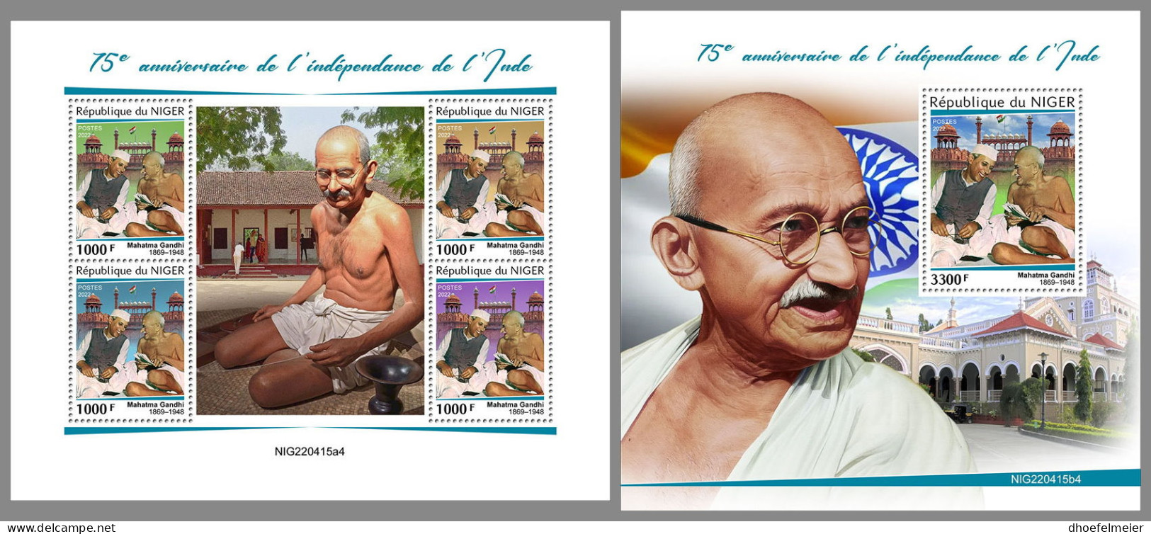 NIGER 2022 MNH Mahatma Gandhi - Indepedence Of India M/S+S/S - OFFICIAL ISSUE - DHQ2341 - Mahatma Gandhi
