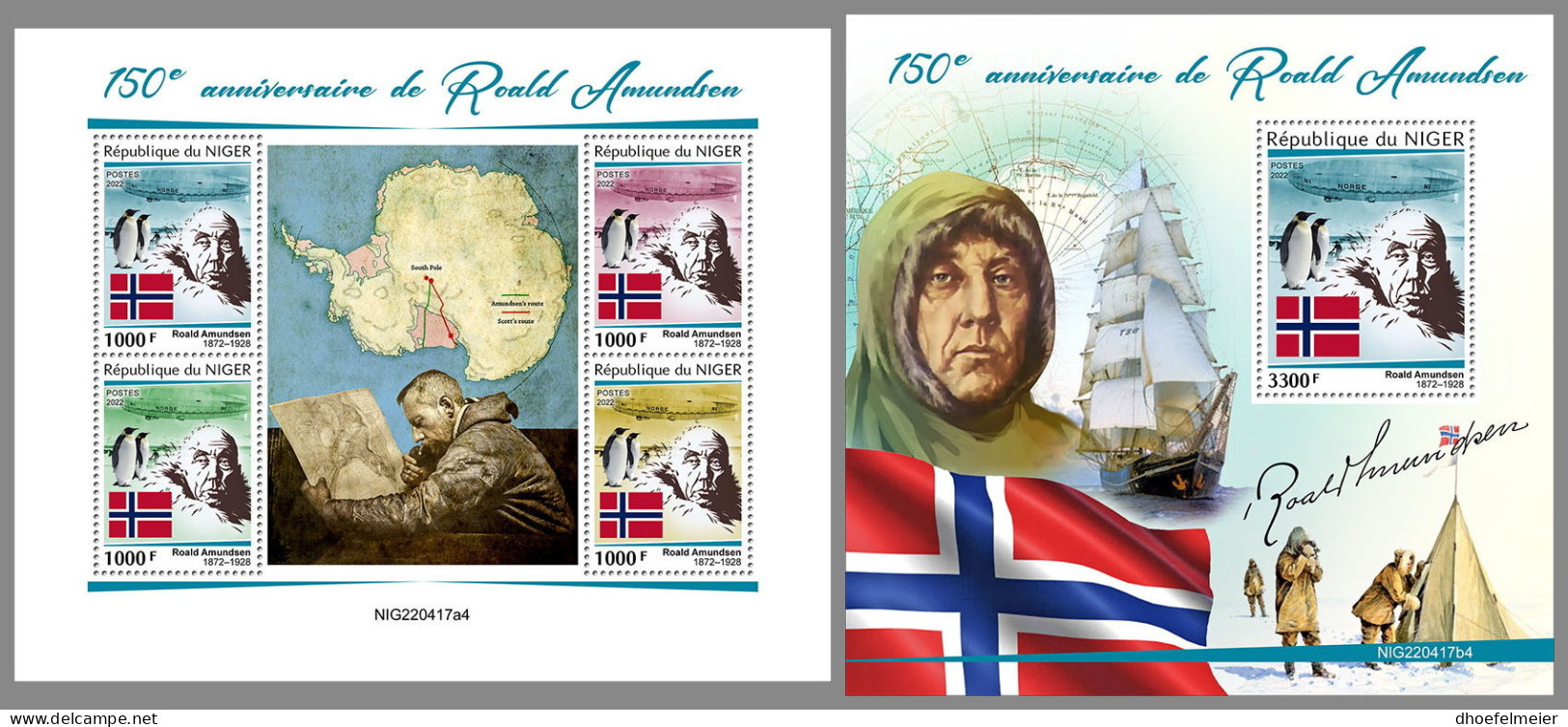 NIGER 2022 MNH Roald Amundsen M/S+S/S - IMPERFORATED - DHQ2341 - Esploratori E Celebrità Polari