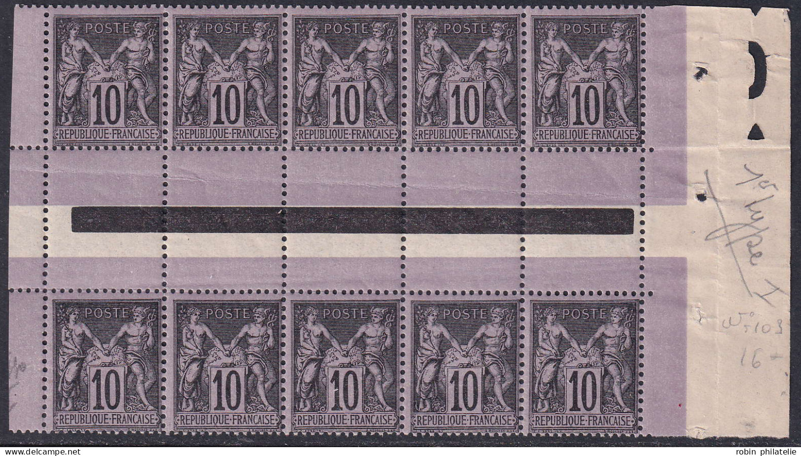 France N°103 10c Noir Sur Lilas Bloc De 10 Interpanneau Qualité:** - 1898-1900 Sage (Type III)