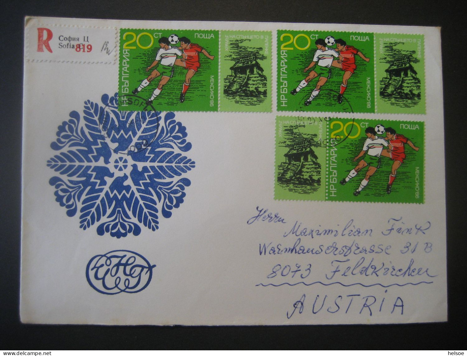 Bulgarien- Reko-Brief, Mit Tagesstempel 1986 Auf Fussballmarken, Gelaufen Von Sofia Nach Feldkirchen - Briefe U. Dokumente