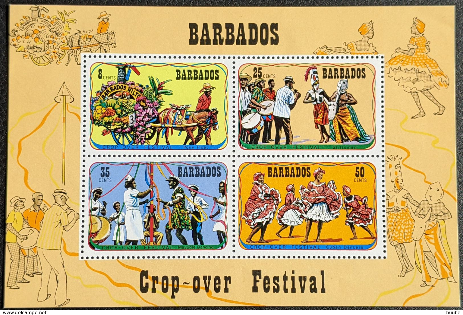 Barbados, 1975, Mi 394-396, Harvest Festival, Stiltsman+Maypole Dancing+Cuban Dancers, Block 7, MNH - Danse