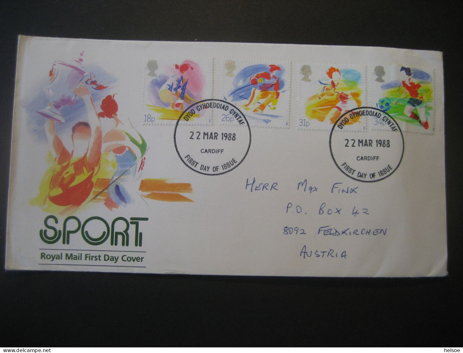 Grossbritannien 1988- Wales FDC-Brief, Mit Sonderstempel Auf Sportmarken, Gelaufen Von Cardiff Nach Feldkirchen - Pays De Galles