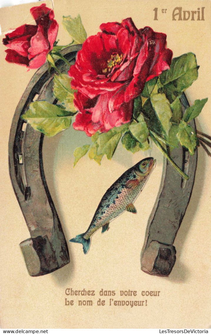 FETES ET VOEUX - Poisson D'avril -  Un Poisson Et Un Fer à Cheval Décoré De Fleurs - Colorisé - Carte Postale Ancienne - 1er Avril - Poisson D'avril