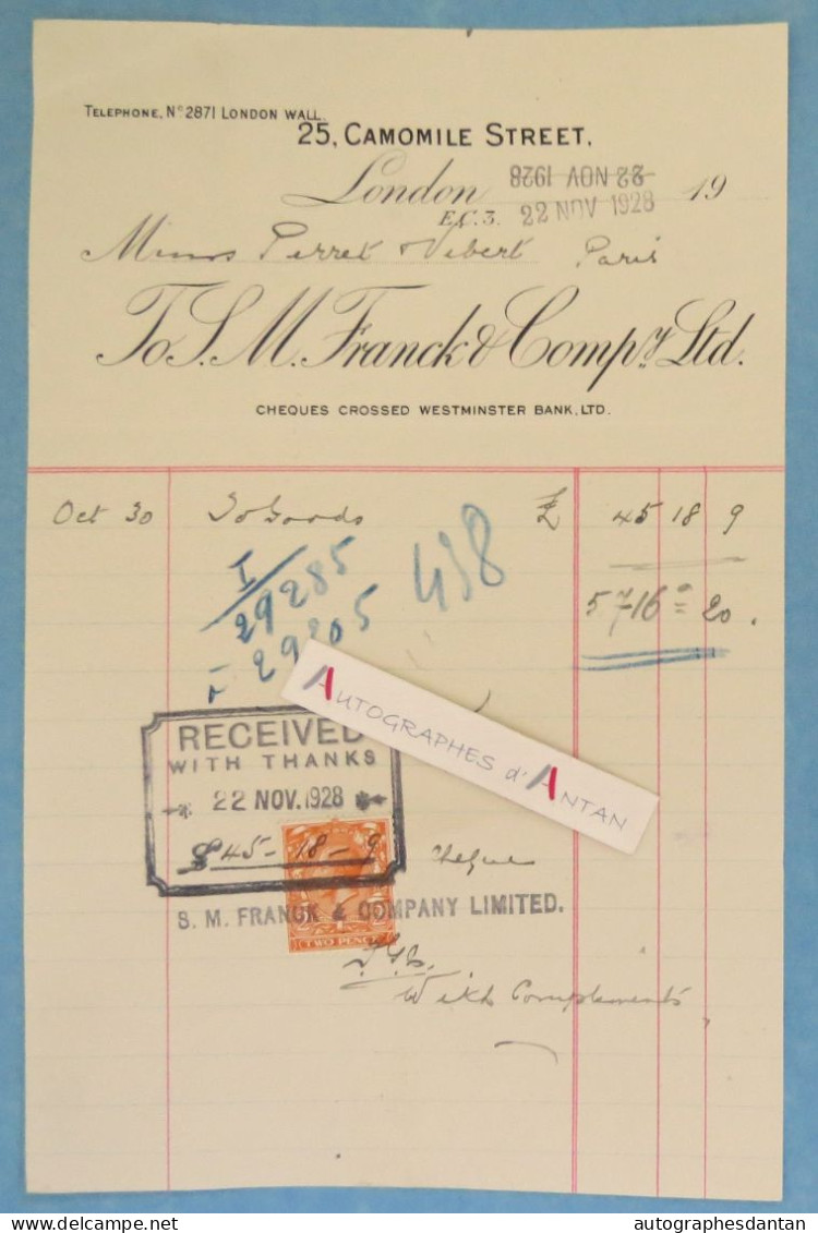 ● Franck & Comp. London 25 Camomille Street - Facture / Invoice 1936 - Perret Vibert à Paris - Two Pence Stamp - UK - Ver. Königreich