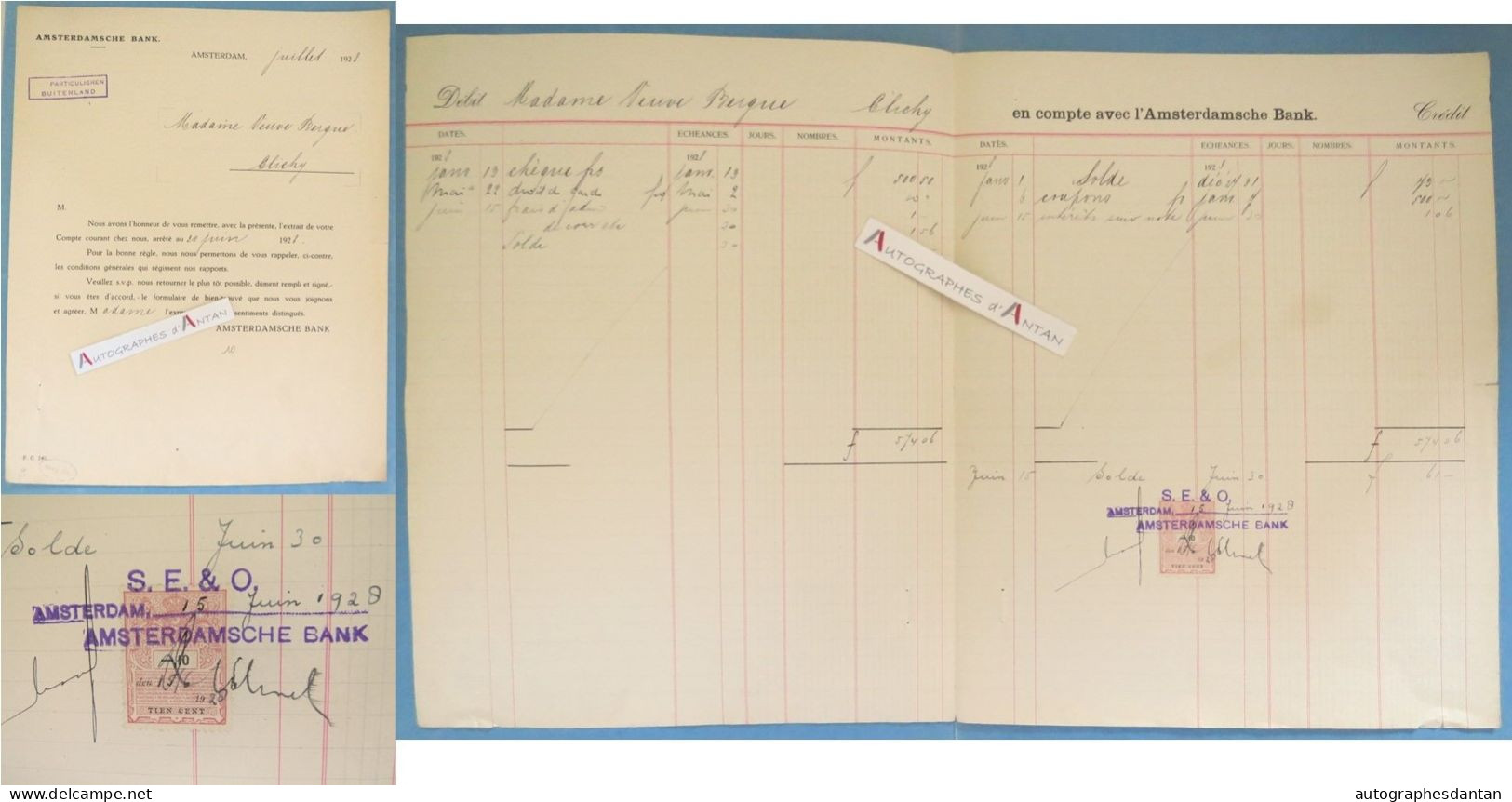 ● Amsterdamsche Bank - 1928 - Extrait Compte Mme Bergue à Clichy - Tien Cent - Amsterdam Banque - Paesi Bassi