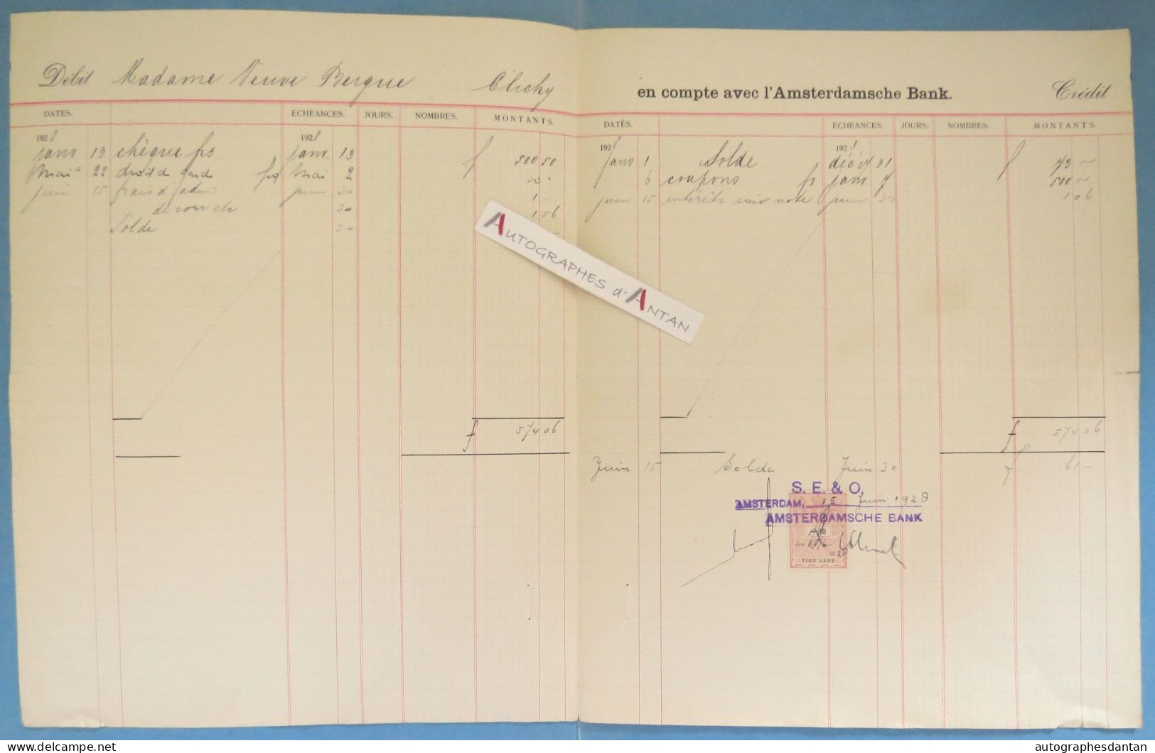 ● Amsterdamsche Bank - 1928 - Extrait Compte Mme Bergue à Clichy - Tien Cent - Amsterdam Banque - Paesi Bassi