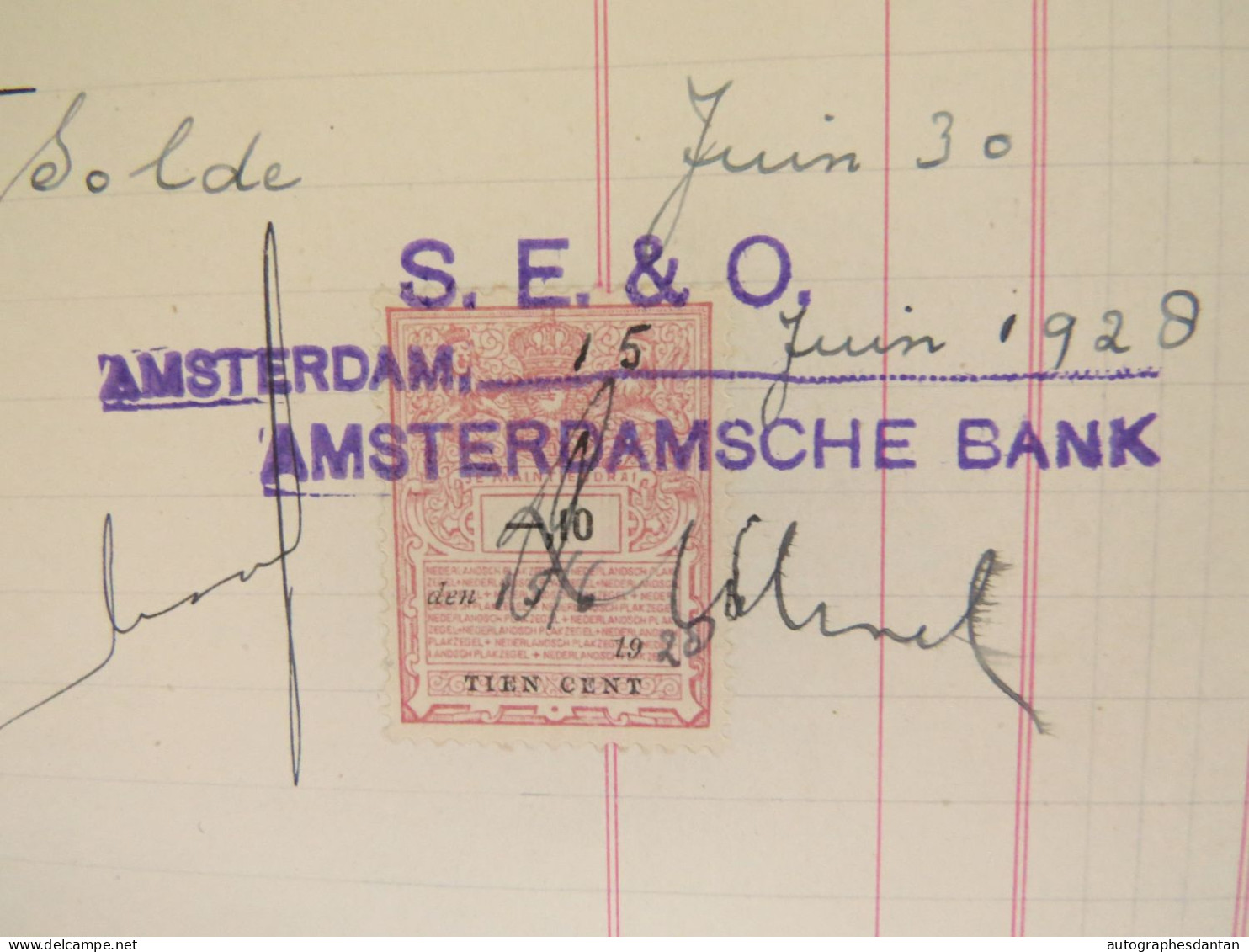 ● Amsterdamsche Bank - 1928 - Extrait Compte Mme Bergue à Clichy - Tien Cent - Amsterdam Banque - Holanda