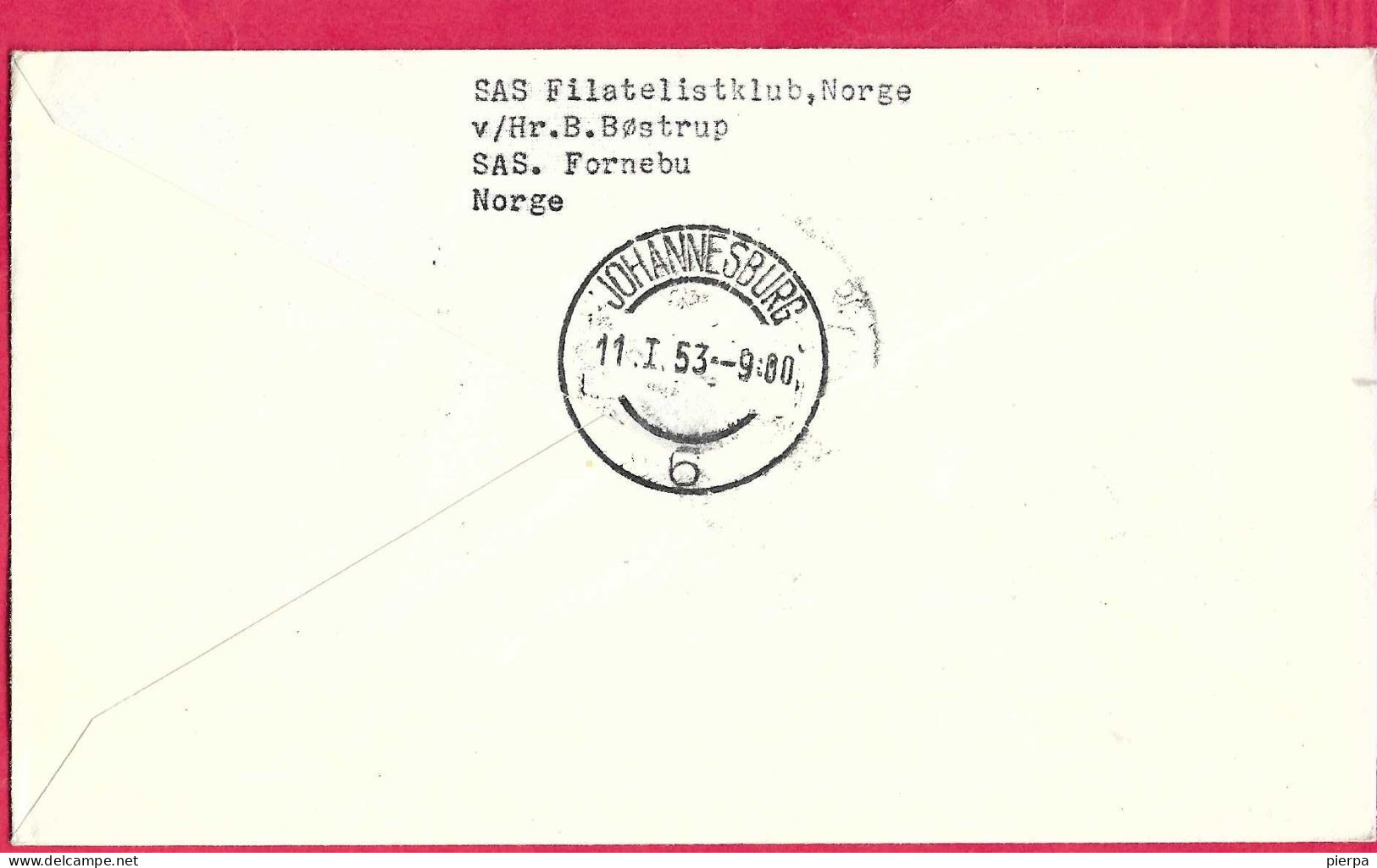 DANMARK - FIRST  FLIGHT - SAS - FROM KOBENHAVN TO JOHANNESSBURG *8.1.53* ON OFFICIAL COVER - Posta Aerea