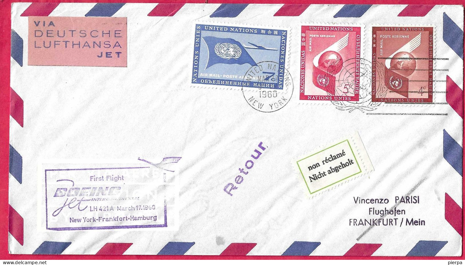 GERMANY - FIRST FLIGHT LUFTHANSA LH 421A FROM NEW YORK TO FRANKFURT *17.3.1960 - OFFICIAL COVER FROM O.N.U - Erst- U. Sonderflugbriefe