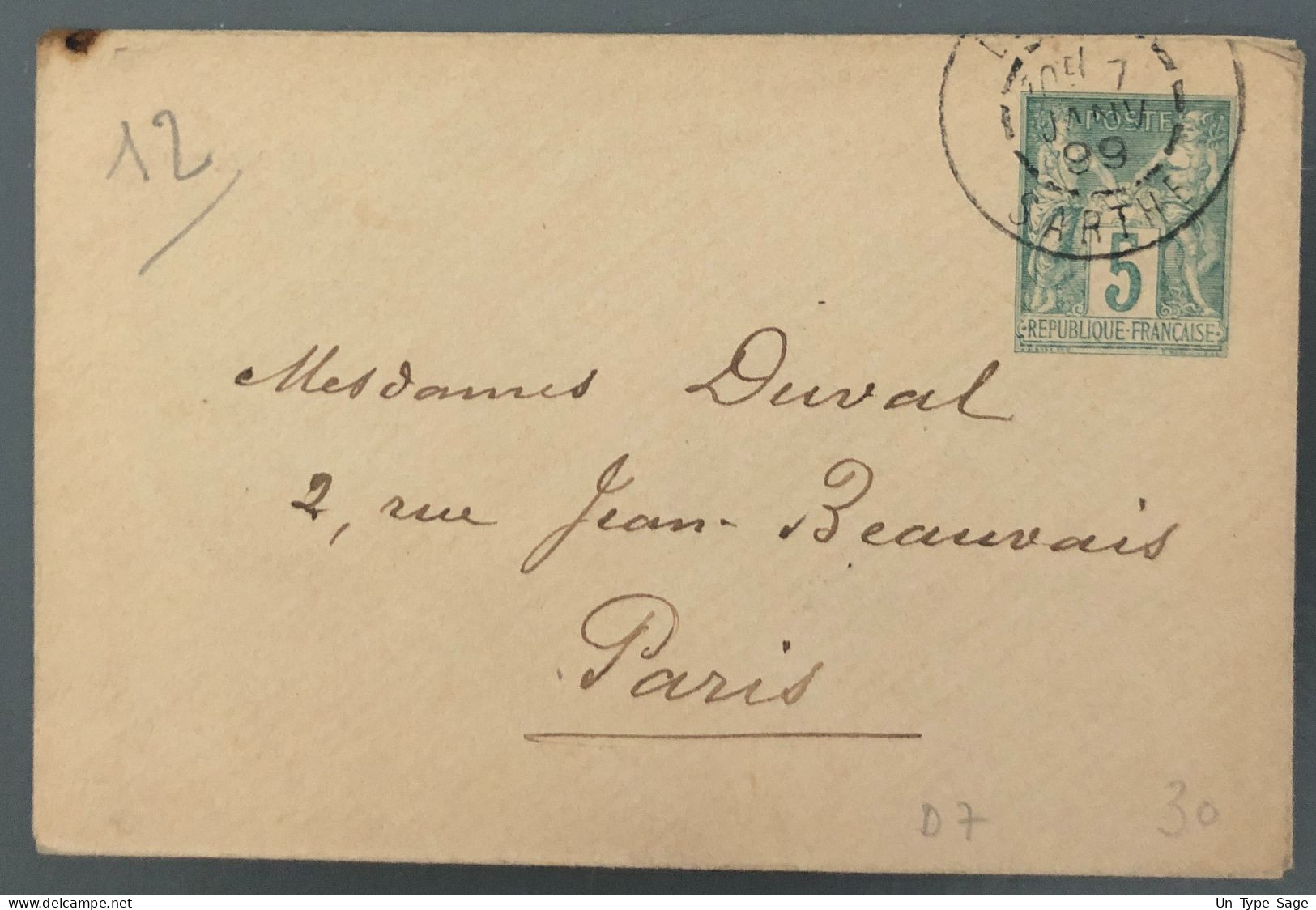 France Entier Type Sage 5c. - Enveloppe - Date : 809 - (B1980) - Streifbänder