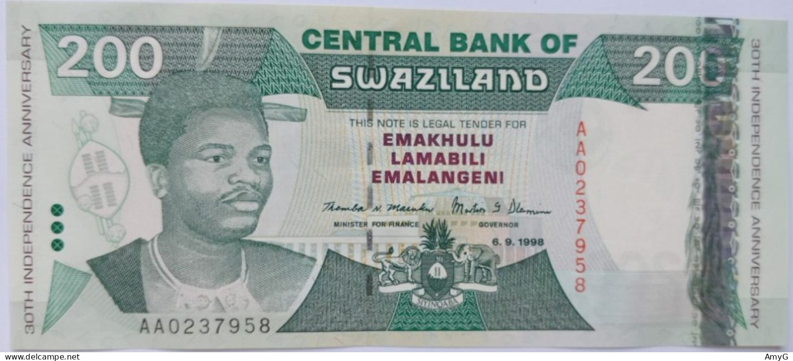 1998 Swaziland  200 Emalangeni ( UNC ) 9 30th Anniversary Of Independance ) - Swaziland