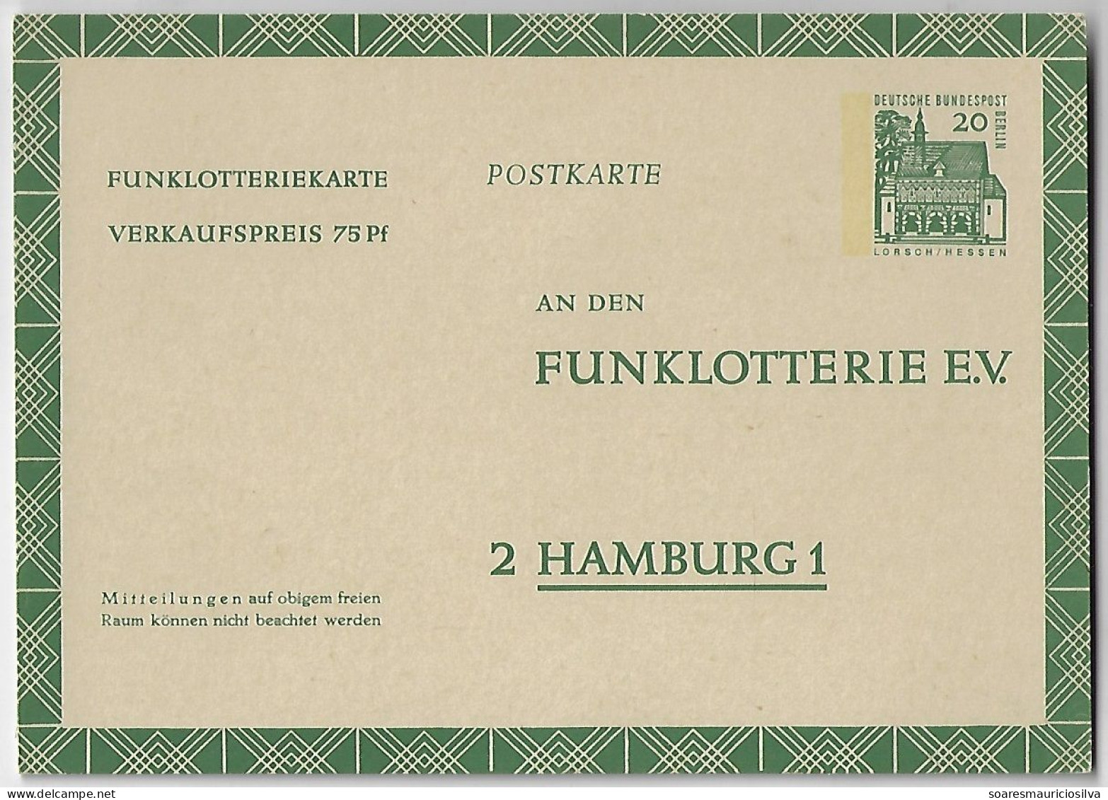 Germany Berlin 1965 Postal Stationery Card Radio Lottery Funklotterie stamp Building In Lorsch 20 Pfennig Unused - Postkaarten - Ongebruikt