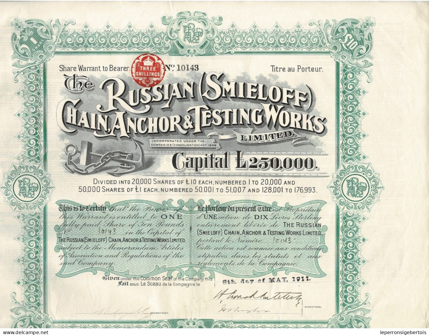 Titre De 1911 - The Russian -Smieloff - Chain Anchor & Testing Works - Déco - Rusia