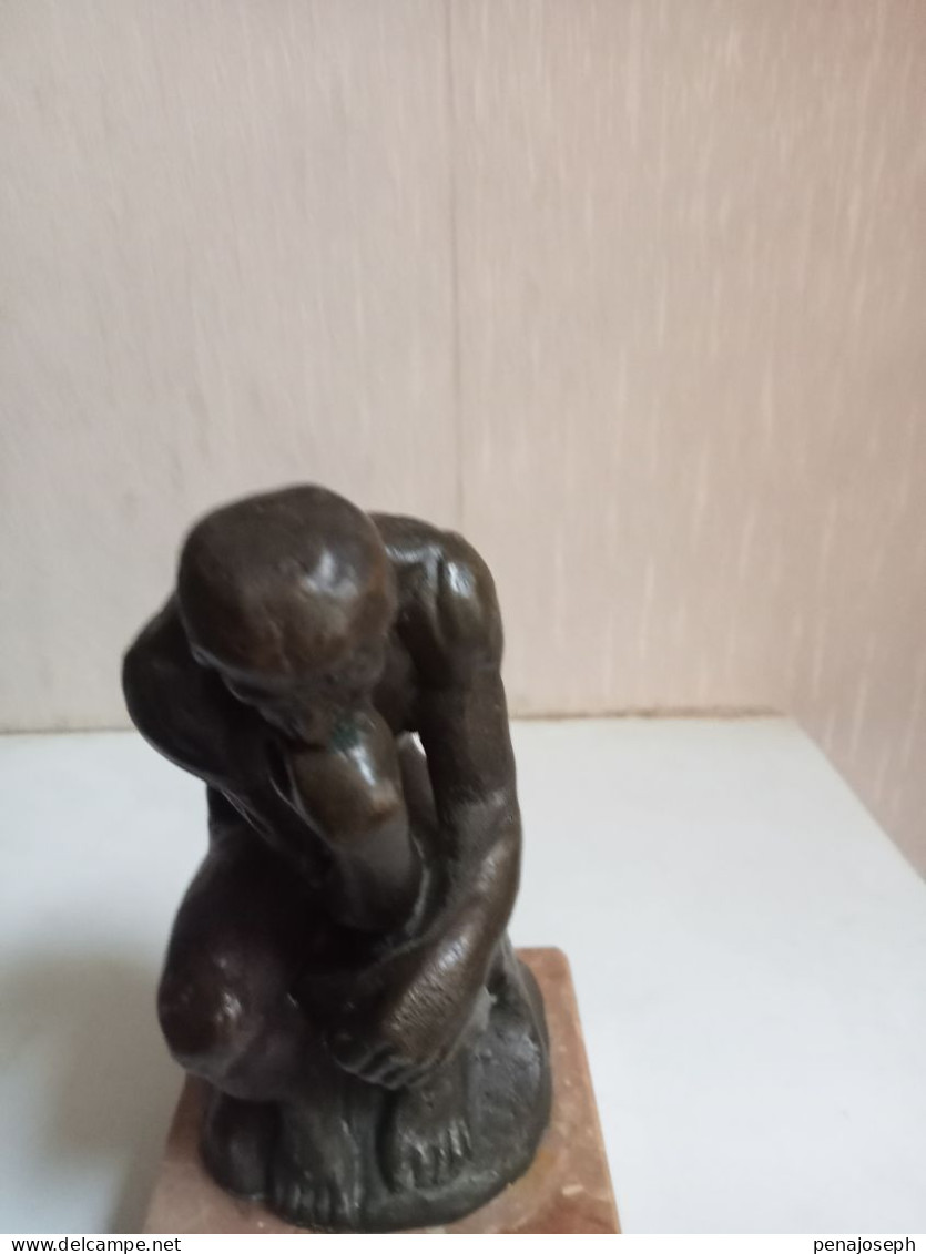 Reproduction Bronze Le Penseur De Rodin Sur Socle En Marbre Hauteur 15 Cm - Bronzen