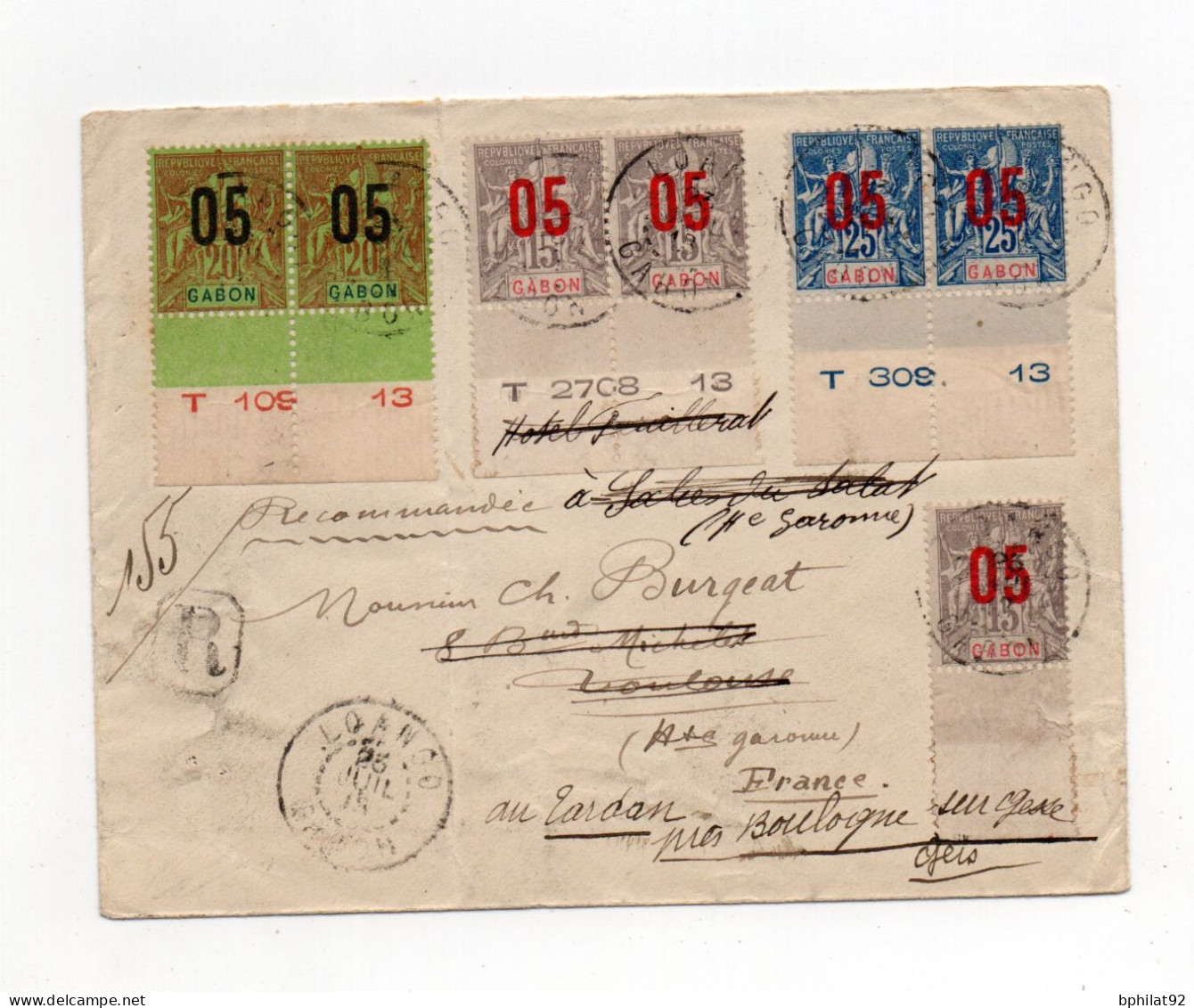 !!! GABON, LETTRE RECO DE LOANGO POUR TOULOUSE DE 1934 AFFRANCH PAIRES DE GROUPES SURCHARGES - Storia Postale