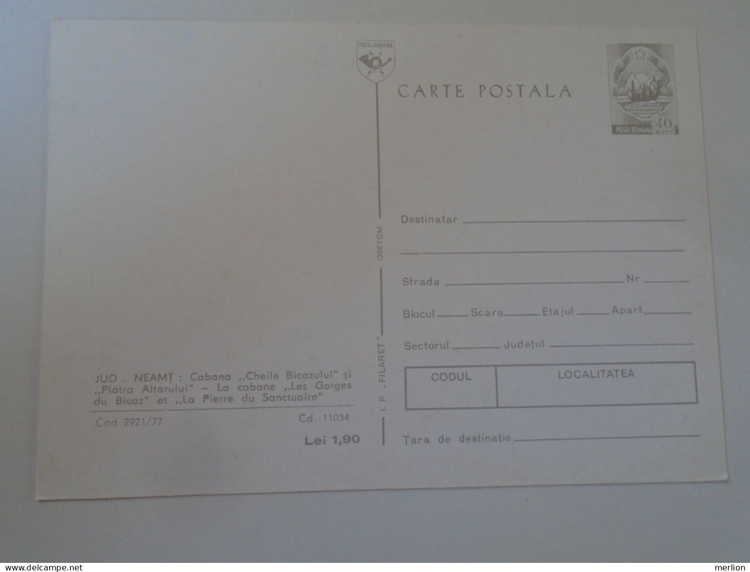 D198742  Old Postcard -  Romania  Postal Stationery  - Cod 2921/77  - Jud Neamt Cabana Cheile Bicazului - Hotels & Restaurants