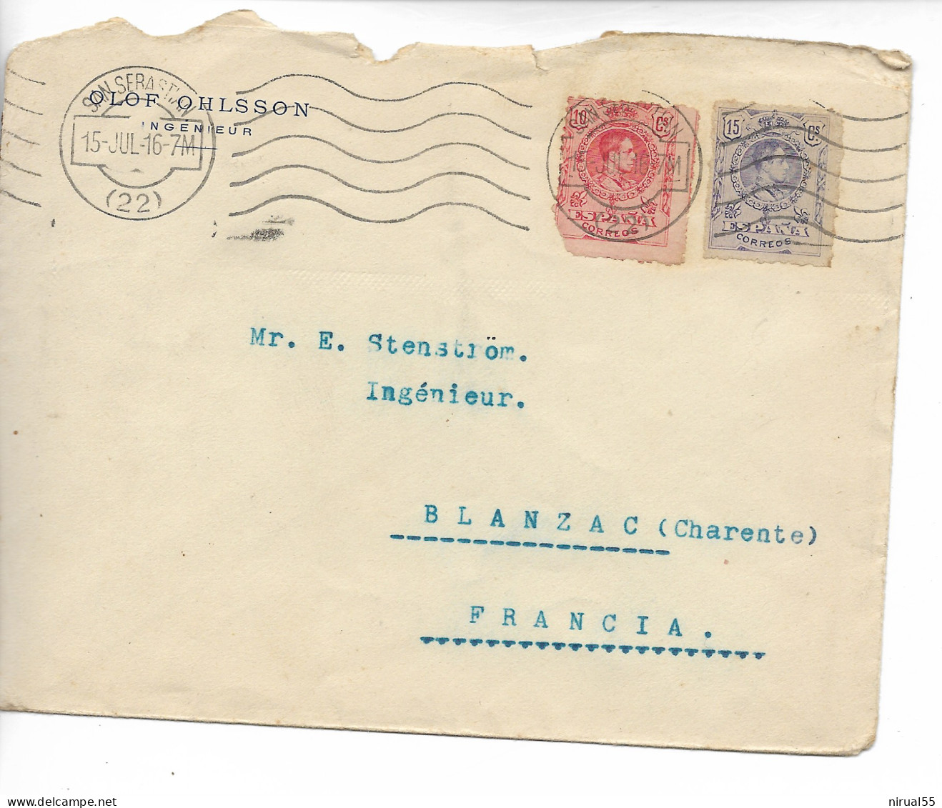 SAN SEBASTIAN Espagne Mécanique Sur 10 Et 15c Pour La France 1916      ...G - Maschinenstempel (EMA)