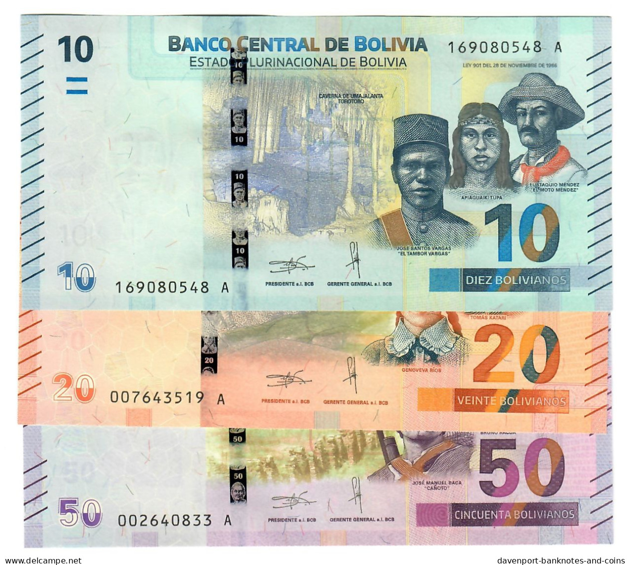 Bolivia 10, 20 & 50 Bolivianos 2018 UNC - Bolivie