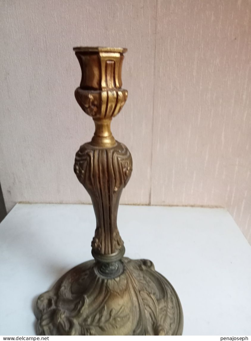 Ancien Bougeoir Bronze Doré Transformé Pour Lampe Hauteur 23 Cm - Brons