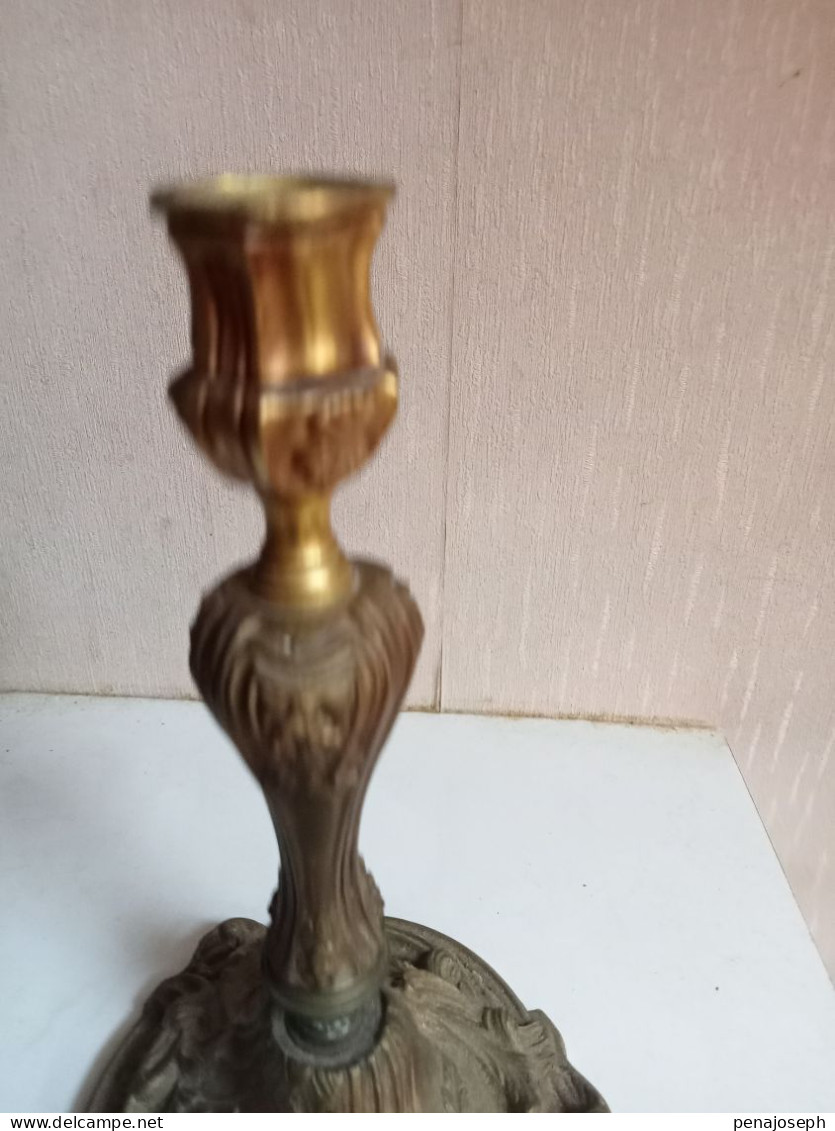 ancien bougeoir bronze doré transformé pour lampe hauteur 23 cm